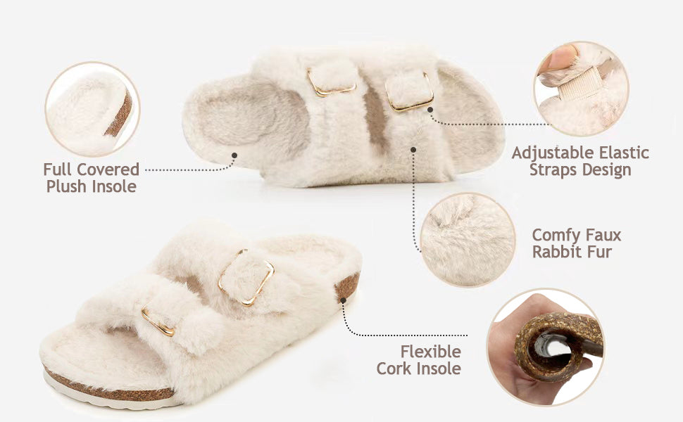 Faux Rabbit Fur Cork Slide Sandals