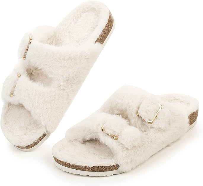 Faux Rabbit Fur Cork Slide Sandals