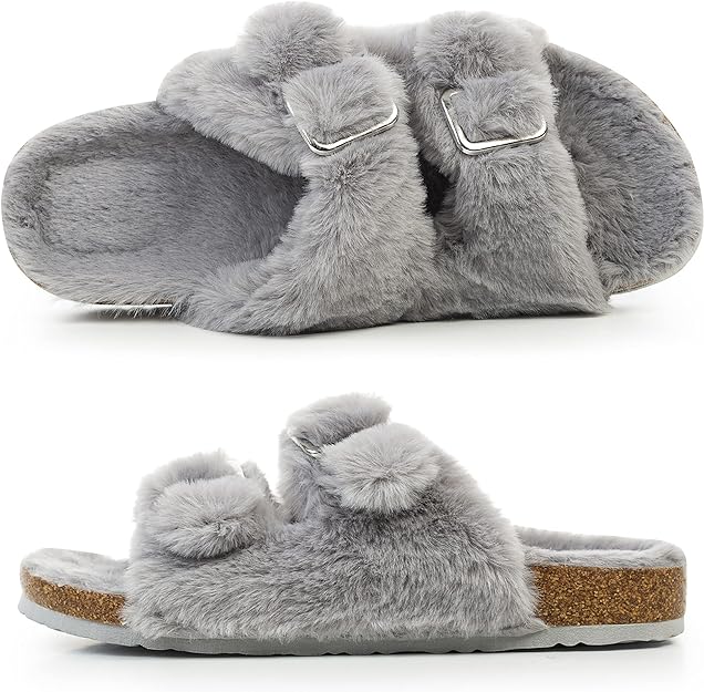 Faux Rabbit Fur Cork Slide Sandals