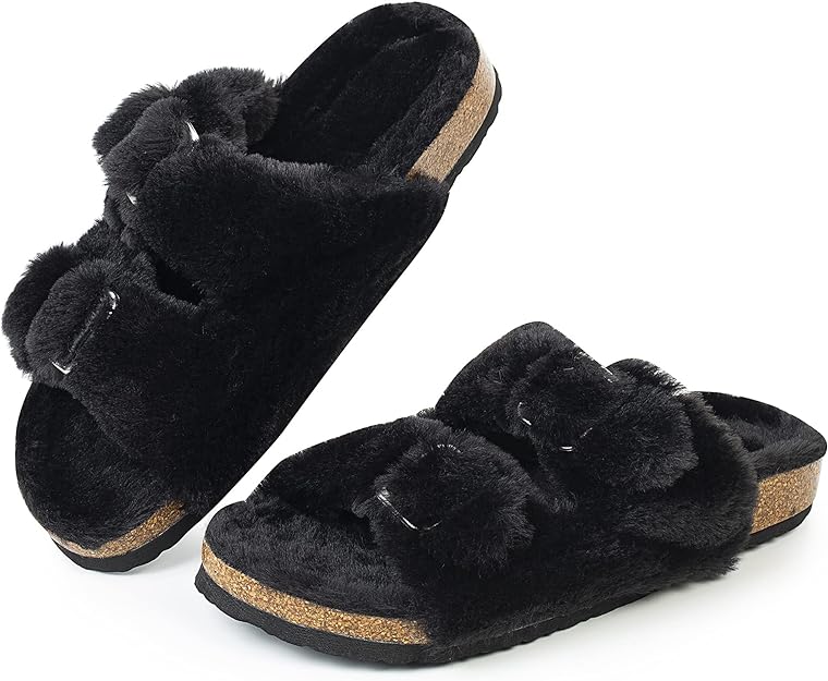 Faux Rabbit Fur Cork Slide Sandals
