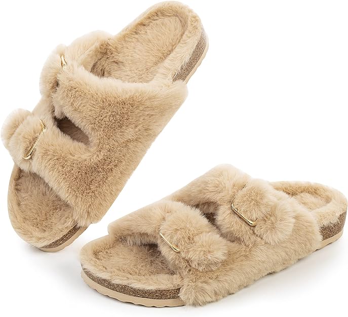 Faux Rabbit Fur Cork Slide Sandals