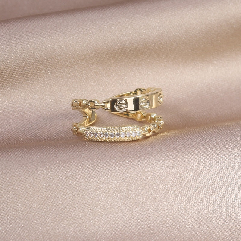 14K Gold Plated & Cubic Zirconia Adjustable Stacking Rings and Earrings