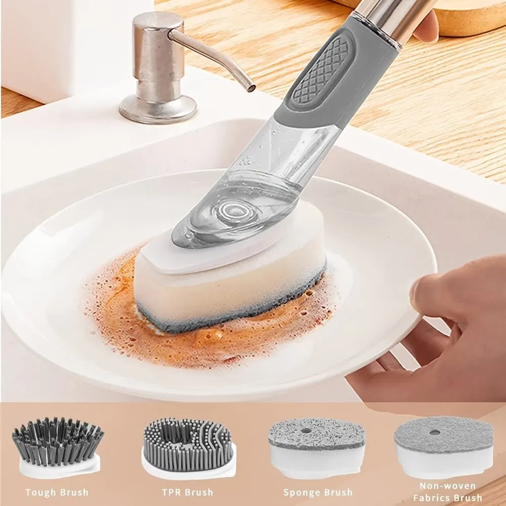 Soap Dispensing Dish Brush Storage Set with 4 Interchangable Heads