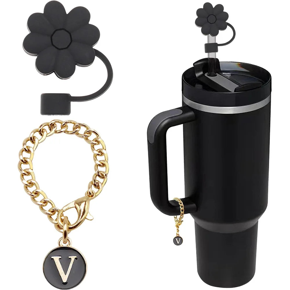 Silicone Straw Topper and Initial Letter Charm