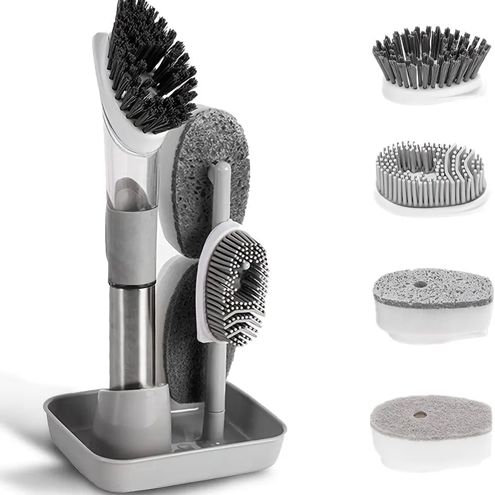 Soap Dispensing Dish Brush Storage Set with 4 Interchangable Heads