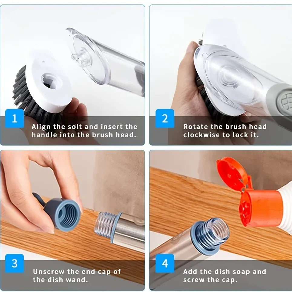 Soap Dispensing Dish Brush Storage Set with 4 Interchangable Heads