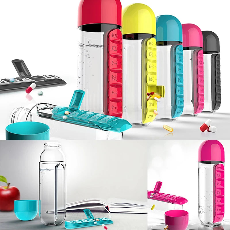 2 in 1 600ml 7 Grid Medicine Water Bottle