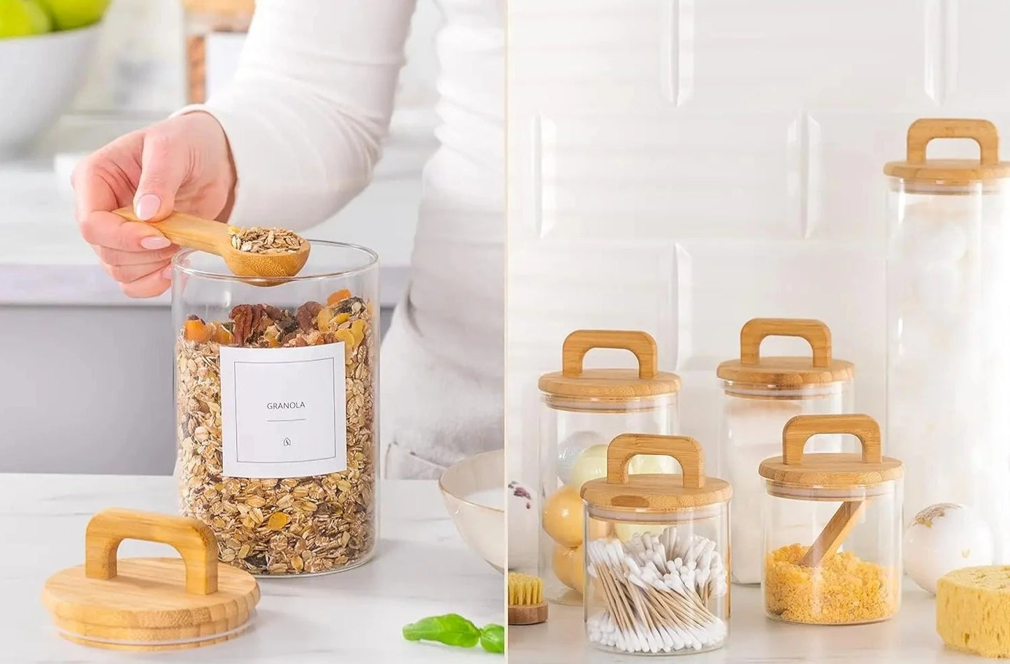 Premium Glass Jar Set - 5 Canisters with Airtight Bamboo Lids, Custom Labels & Spoons