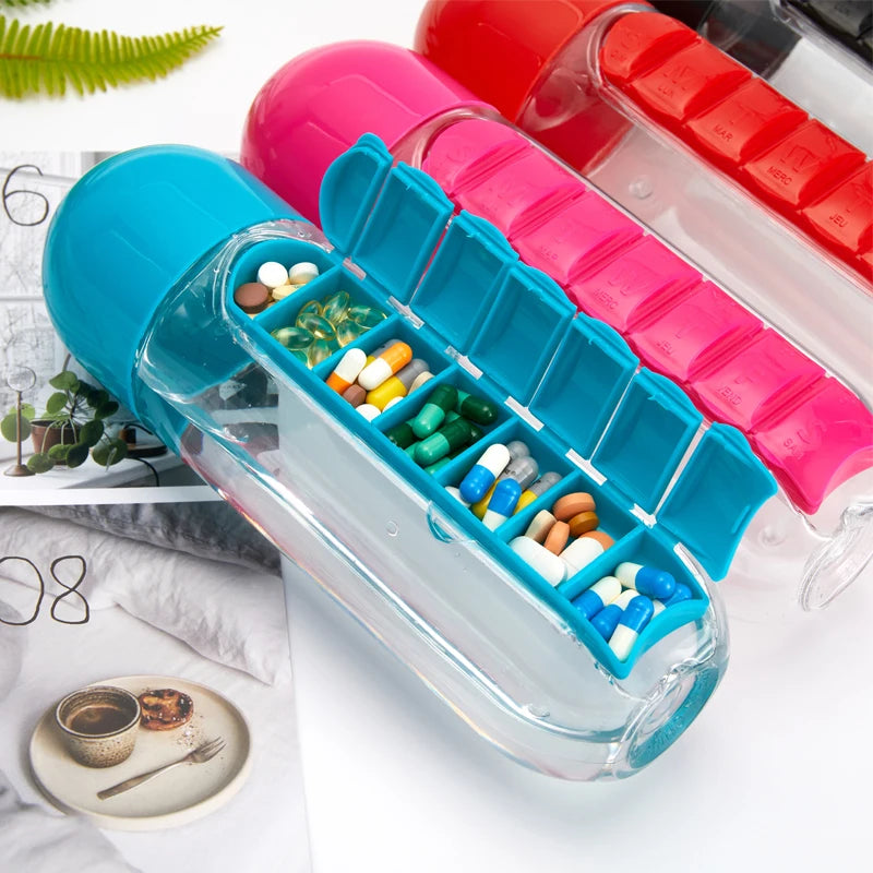 2 in 1 600ml 7 Grid Medicine Water Bottle