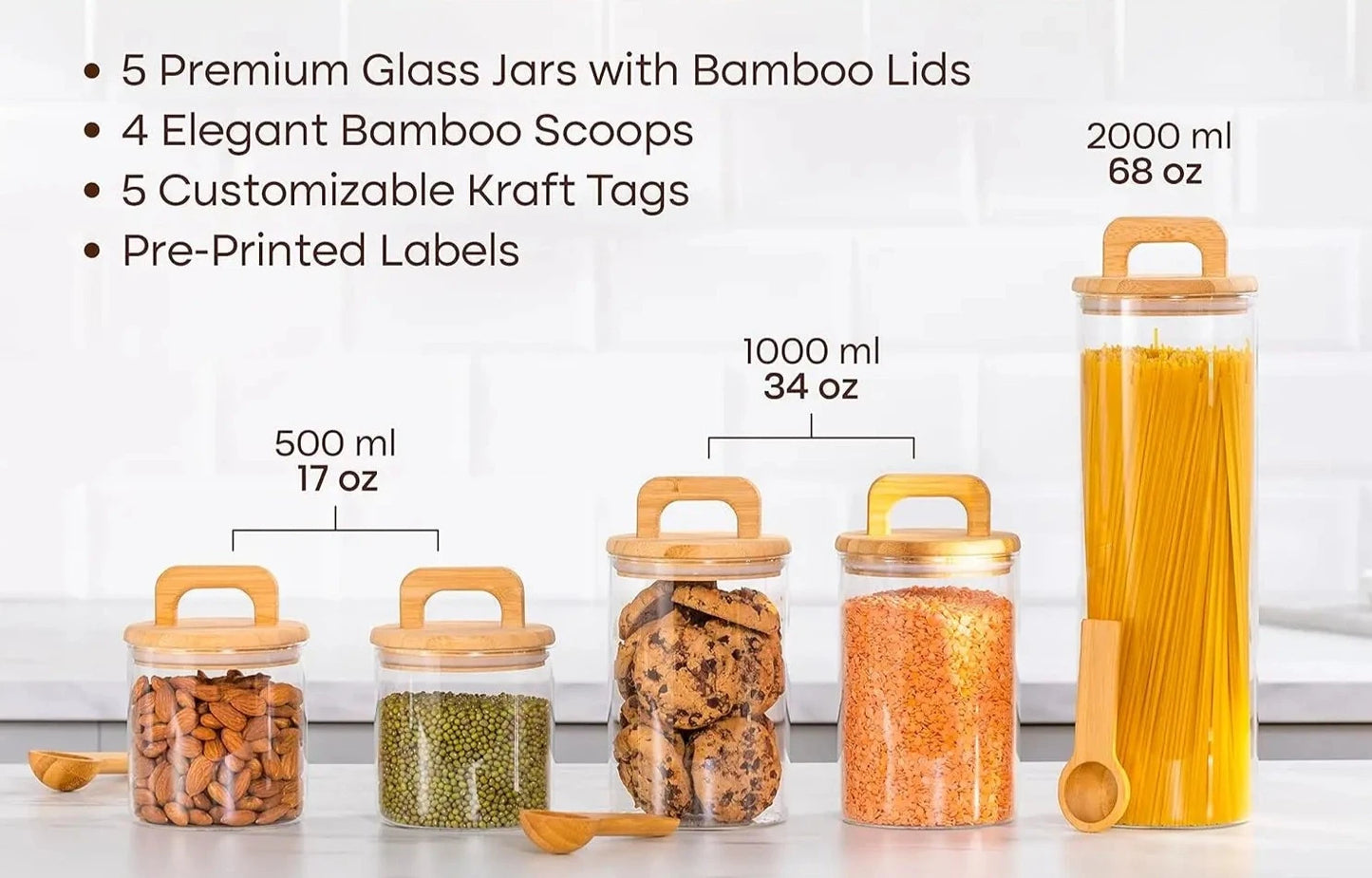 Premium Glass Jar Set - 5 Canisters with Airtight Bamboo Lids, Custom Labels & Spoons