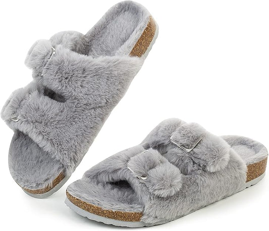 Faux Rabbit Fur Cork Slide Sandals