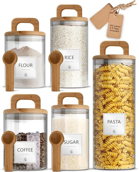 Premium Glass Jar Set - 5 Canisters with Airtight Bamboo Lids, Custom Labels & Spoons